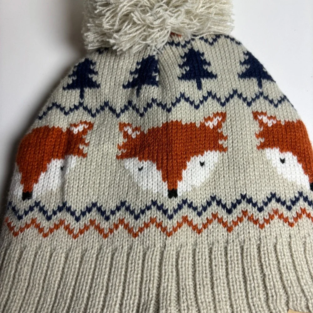 XOMZG Fox Fair‎ Isle Knit Beanie Fleece Lined Earflap Pom Pom Winter Hat Beige